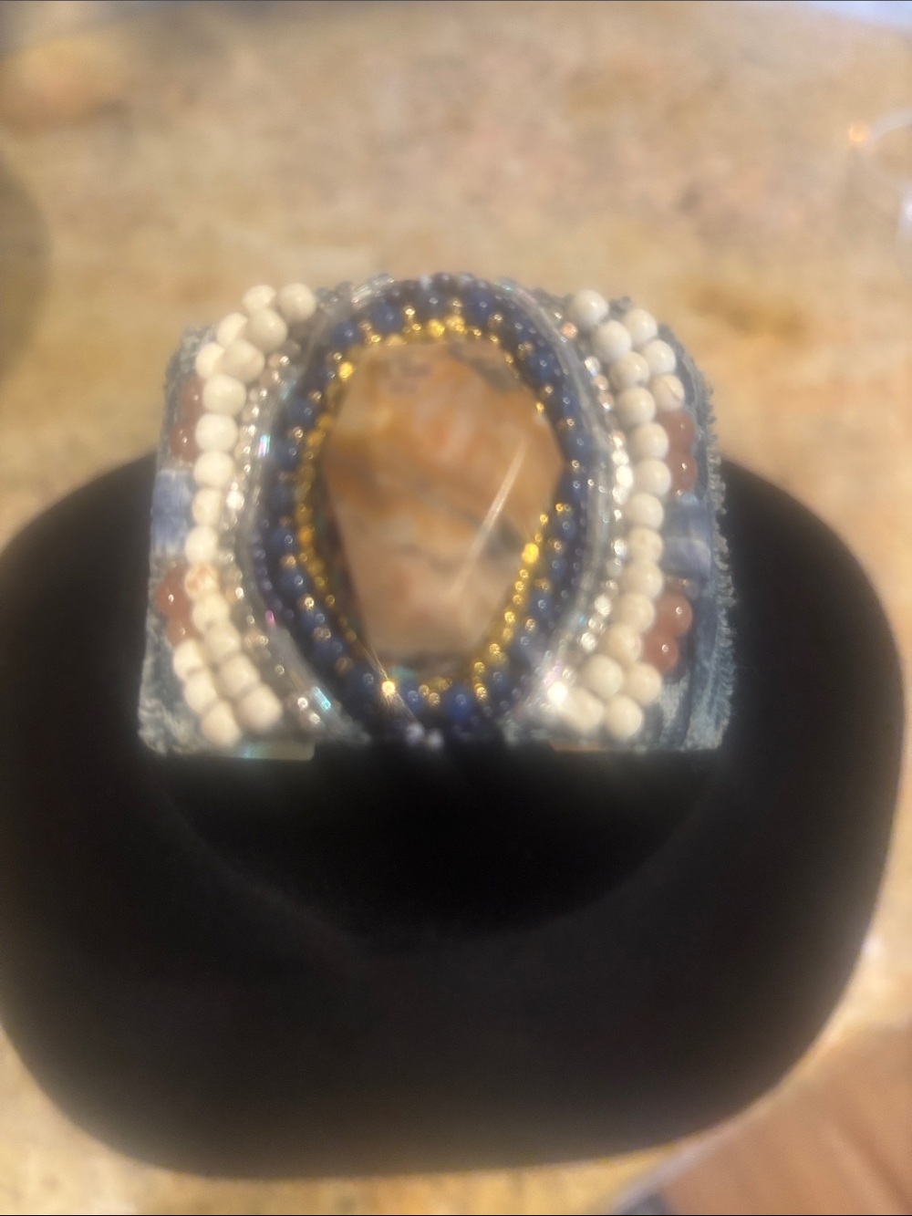 Beaded Blue and White Stone Cuff Bracelet